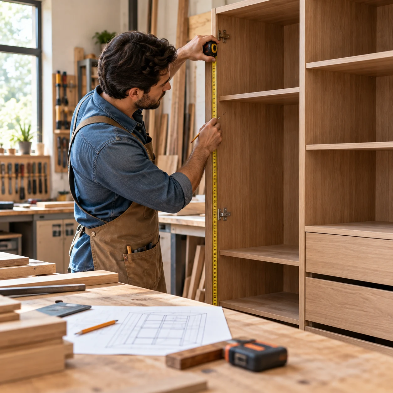 Carpintero midiendo un armario de madera a medida en su taller